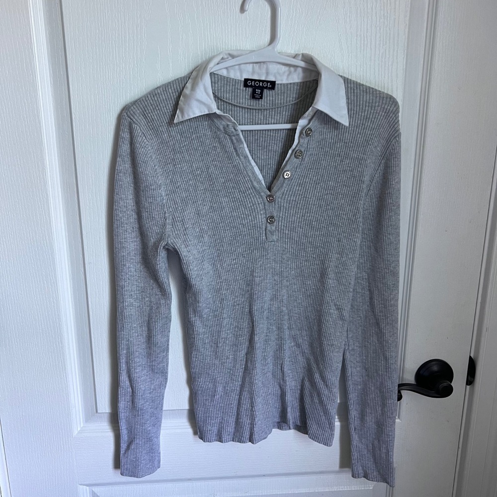 George Womens Grey Ribbed Knit Collared Henley Long Sleeve Top GL40331 Size S